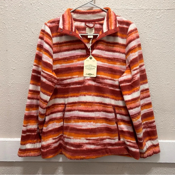 Telluride Clothing Company Women's Fleece Pullover Medium Red Orange Stripe NWT - Picture 1 of 6
